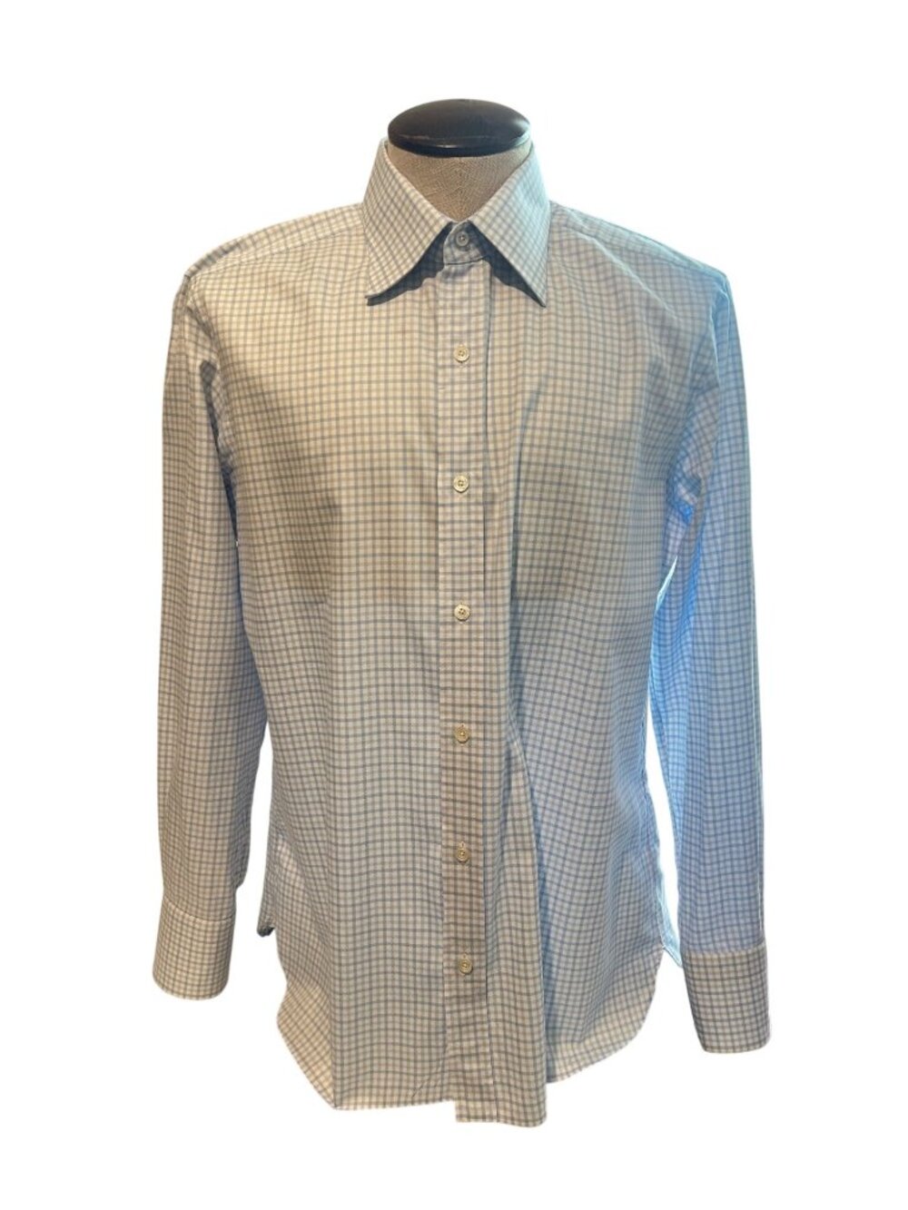 Tom Ford Mens Blue & White Gingham Dress Shirt Button-Down Size 17/43 Made In It